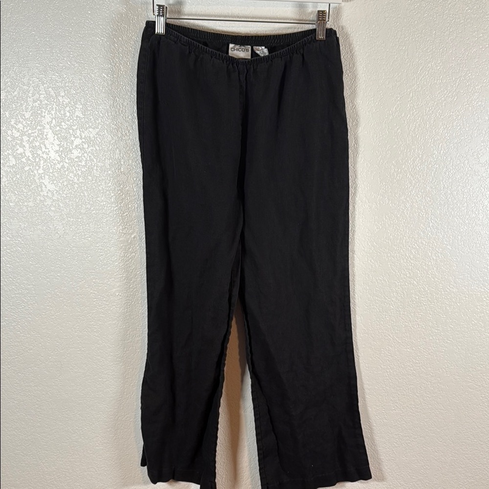 Chicos Black Wide Leg Linen Pull On Elastic Waist Pants Size 1(Small)
